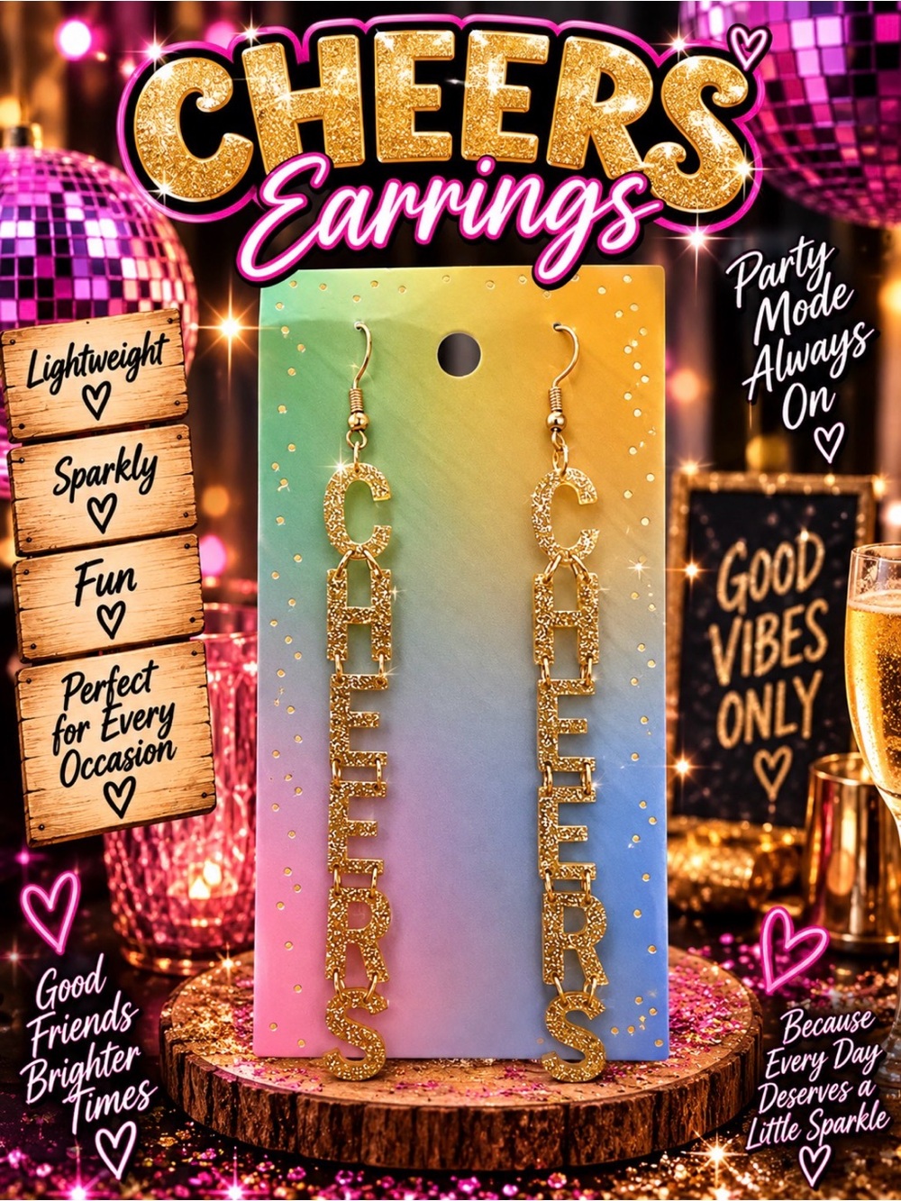 Cheers Sparkly Gold Dangle Earrings
